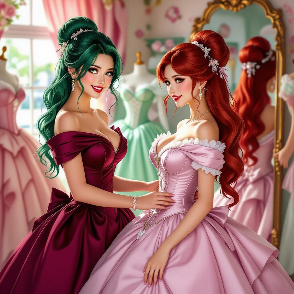 Hyperrealistic Fashion Scene: Green Haired Woman Assists in ...