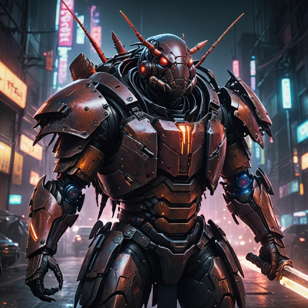 Cyberpunk Cockroach Warrior in Neon Cityscape