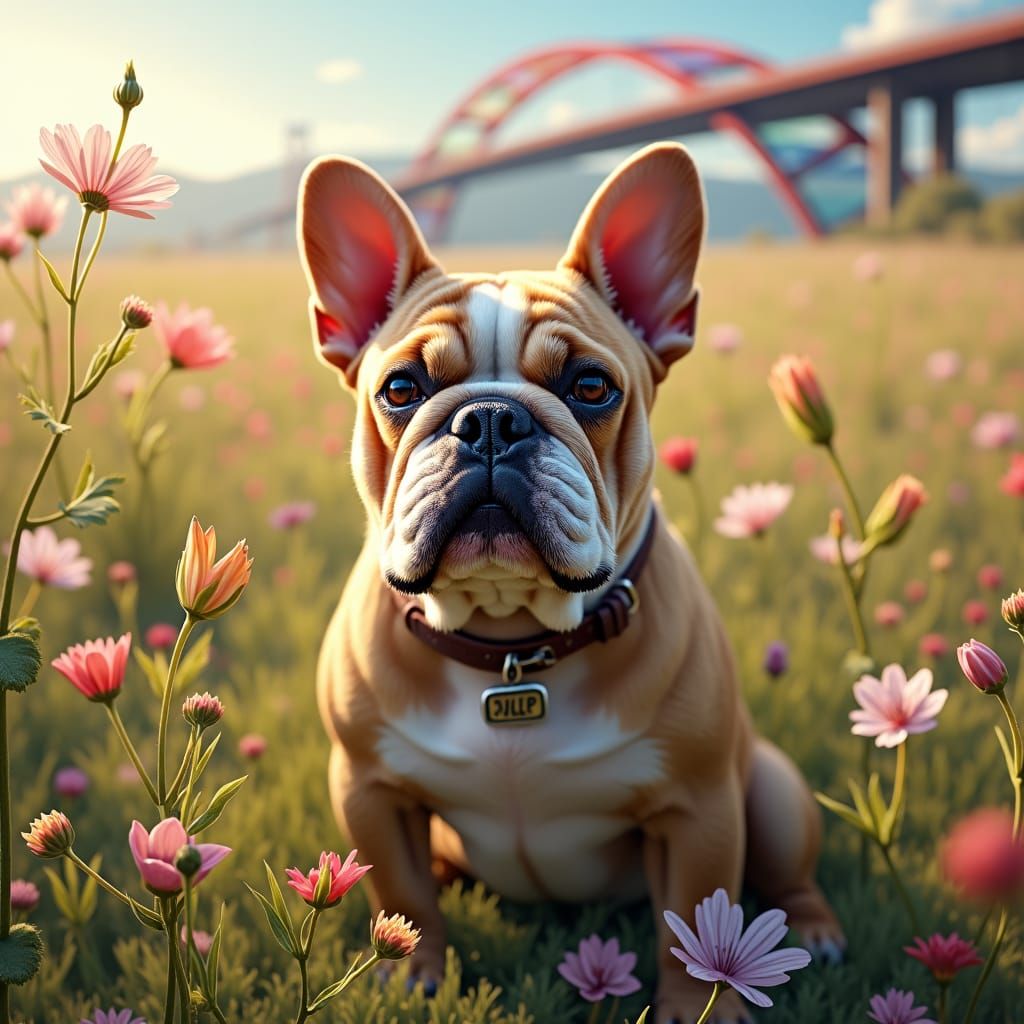 Realistic Bulldog in Meadow Gazing at Rainbow Bridge