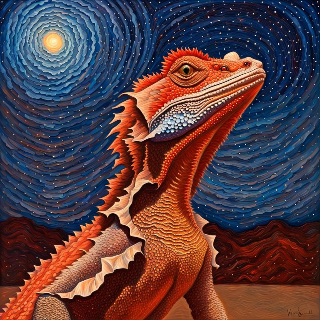 Frilled-Neck Lizard in Starry Desert, Impasto Painting