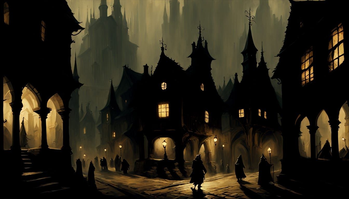 Dark Fantasy Alleyway in Shadowy Gothic City