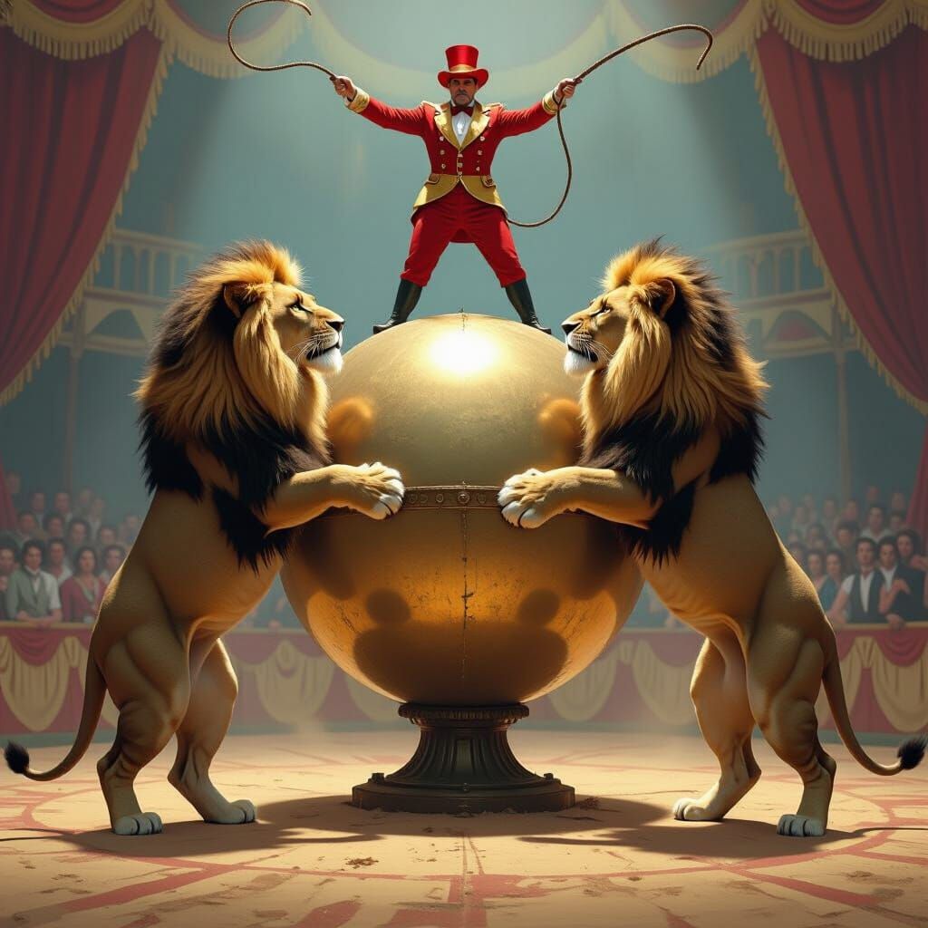 Lions Battle in Circus Sphere, Syd Mead Style