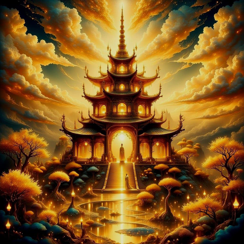 Golden Pagoda in Sunlit Celestial Landscape