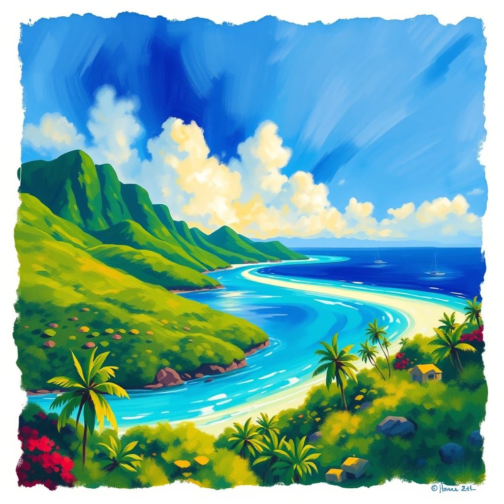 Tropical Island Paradise in Impressionist Style