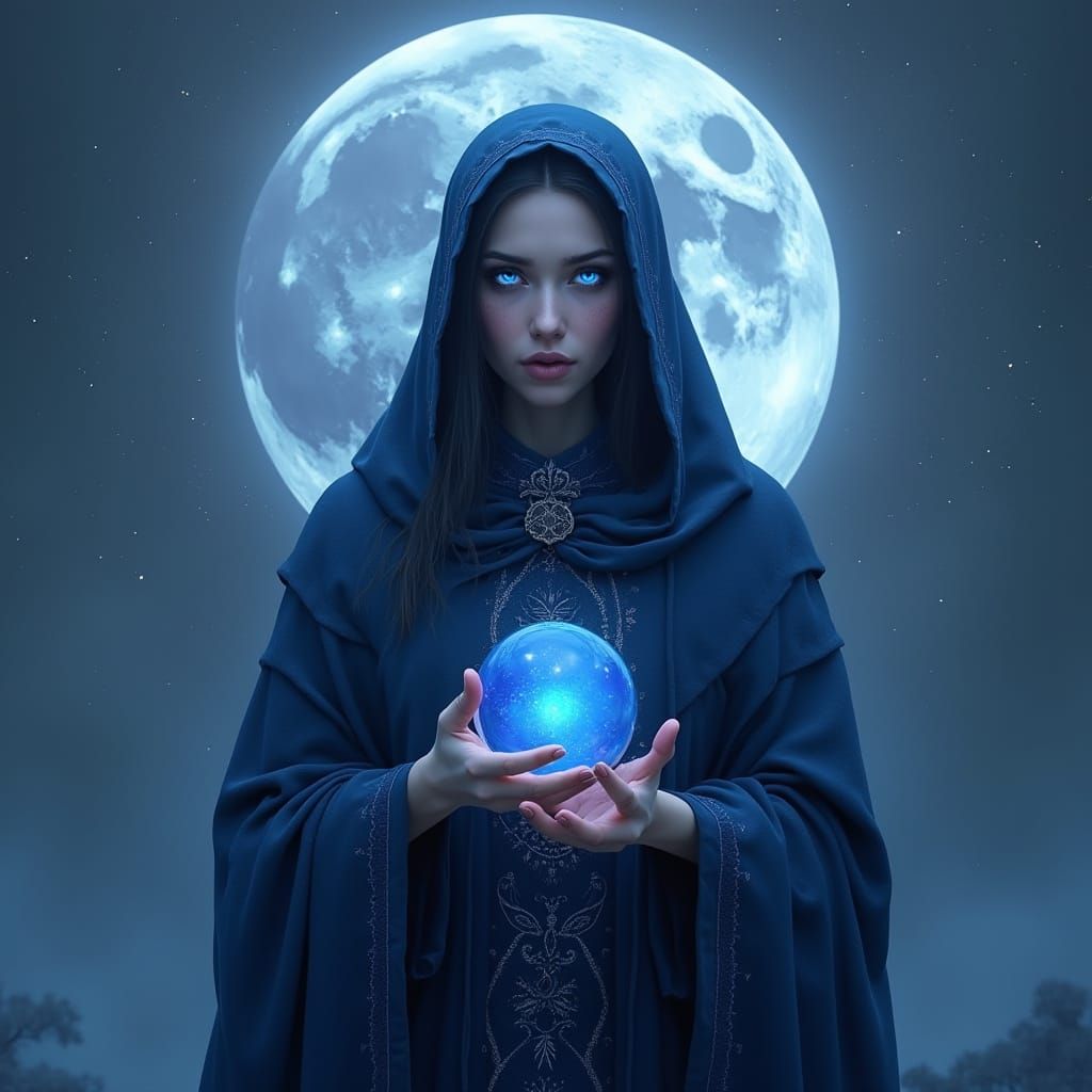 beneath the silver moon the Blue Oracle stands, a vision cloaked in midnight’s hue, a wizard fair with eyes aglow, where...