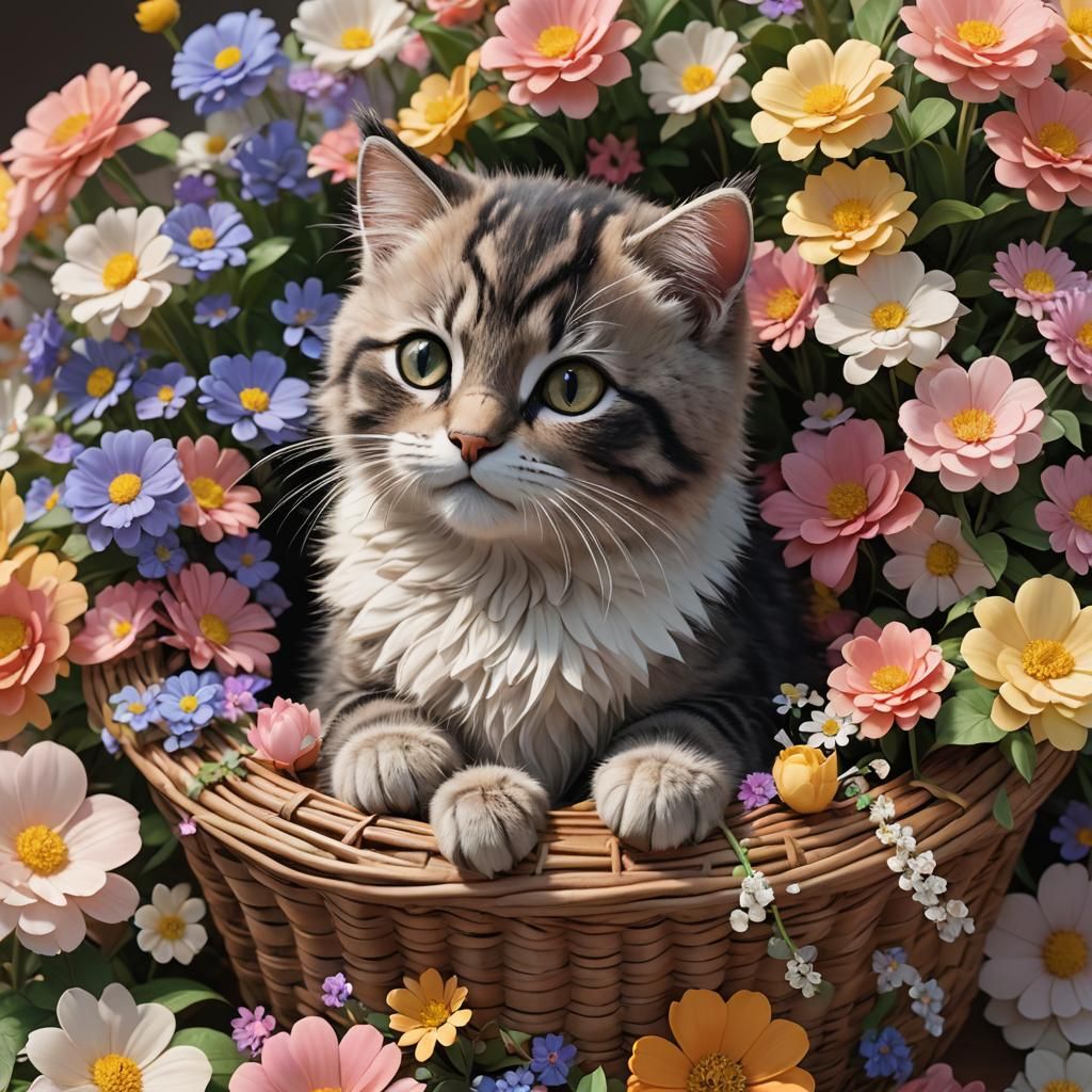 Cute Cat in Flower Basket: 3D Anime Art