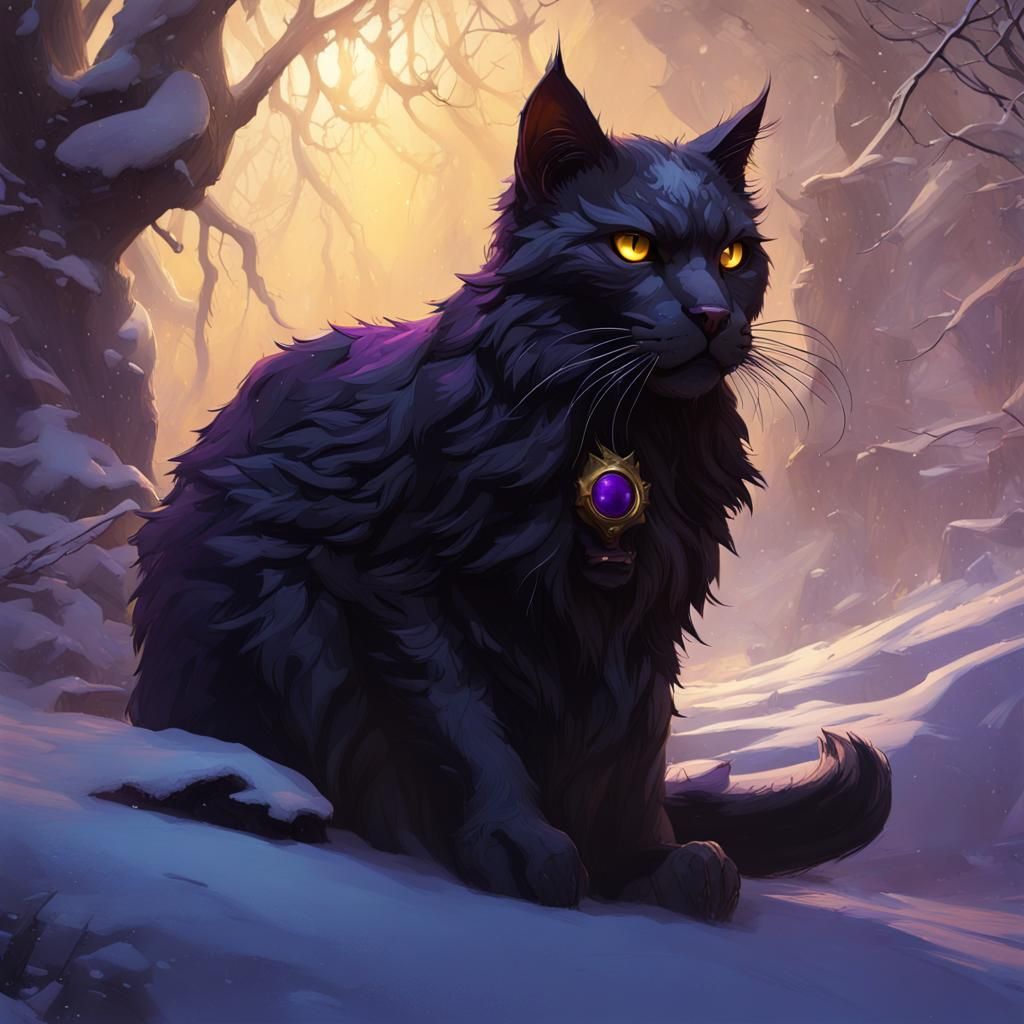 Majestic Black Cat in Winter, Dark Fantasy Art