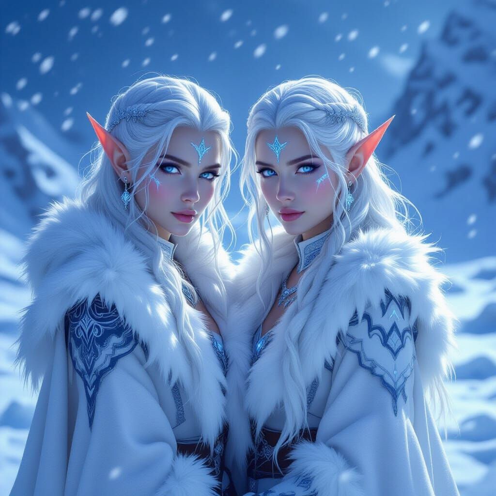 Winter Elf Twins in Snowy Tundra