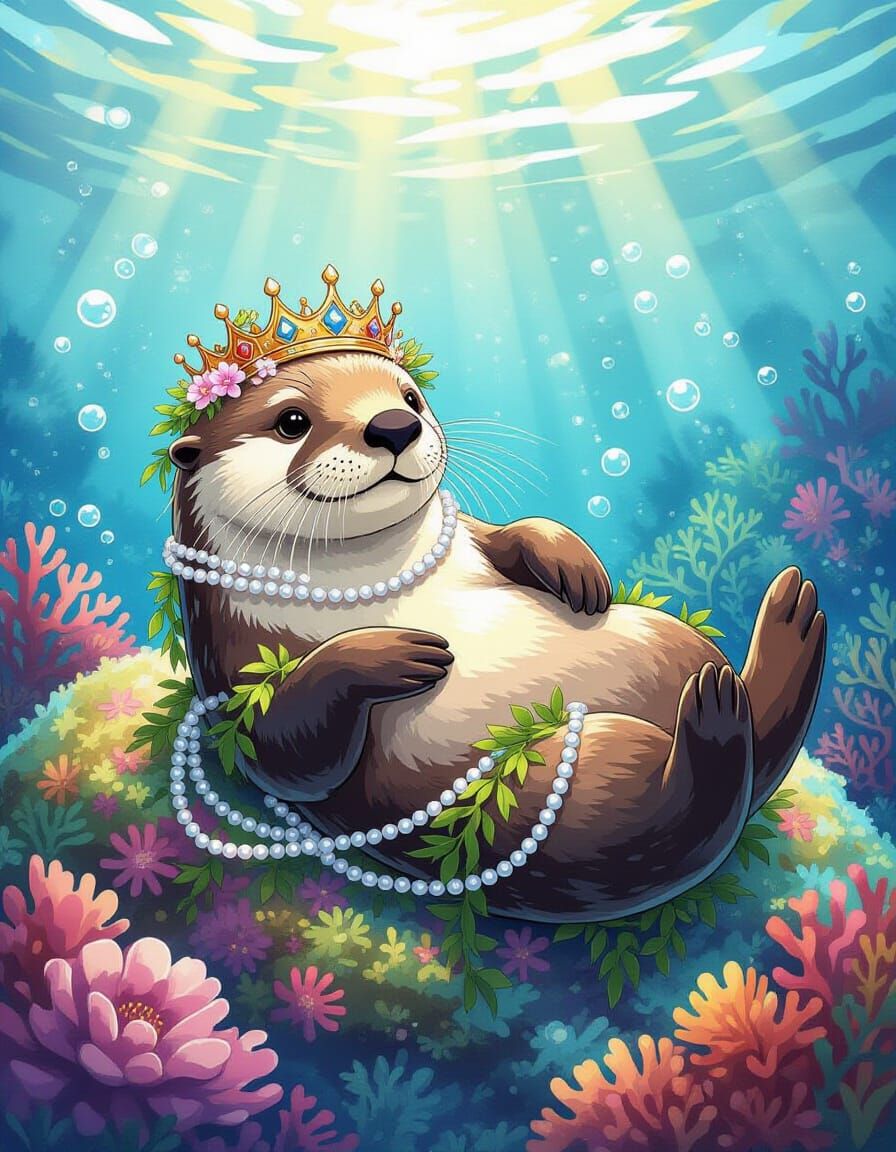 Sea Otter on Bioluminescent Reef in Watercolor Splash Style