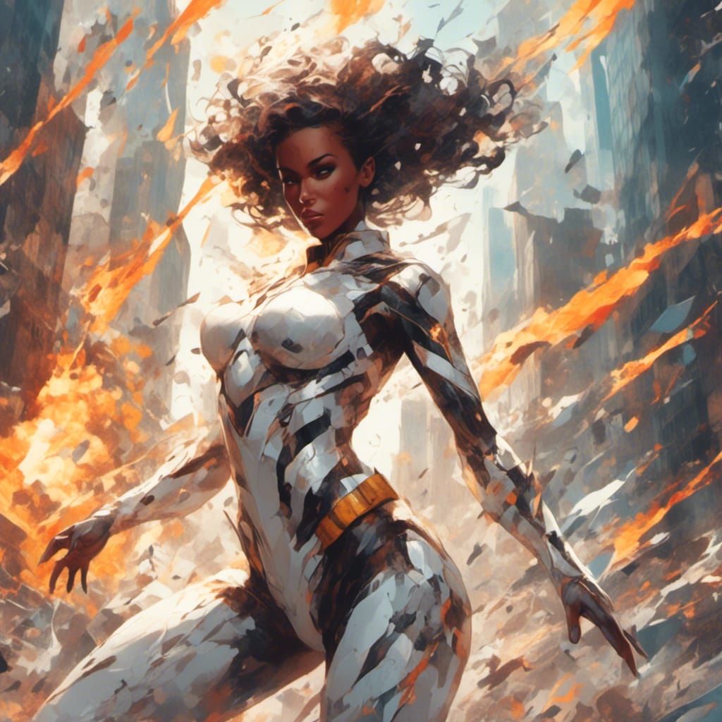 Energetic Superhero Landing in a Destroyed City