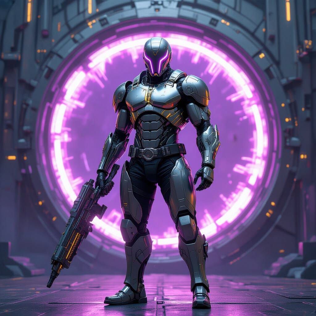 Cyborg Warrior Defends Portal in Cyberpunk Style