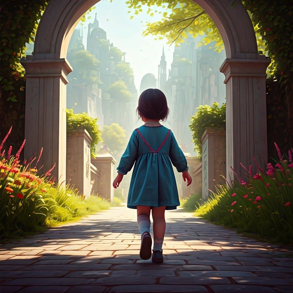 Whimsical Girl's Journey to Kindergarten: A Matte Painting