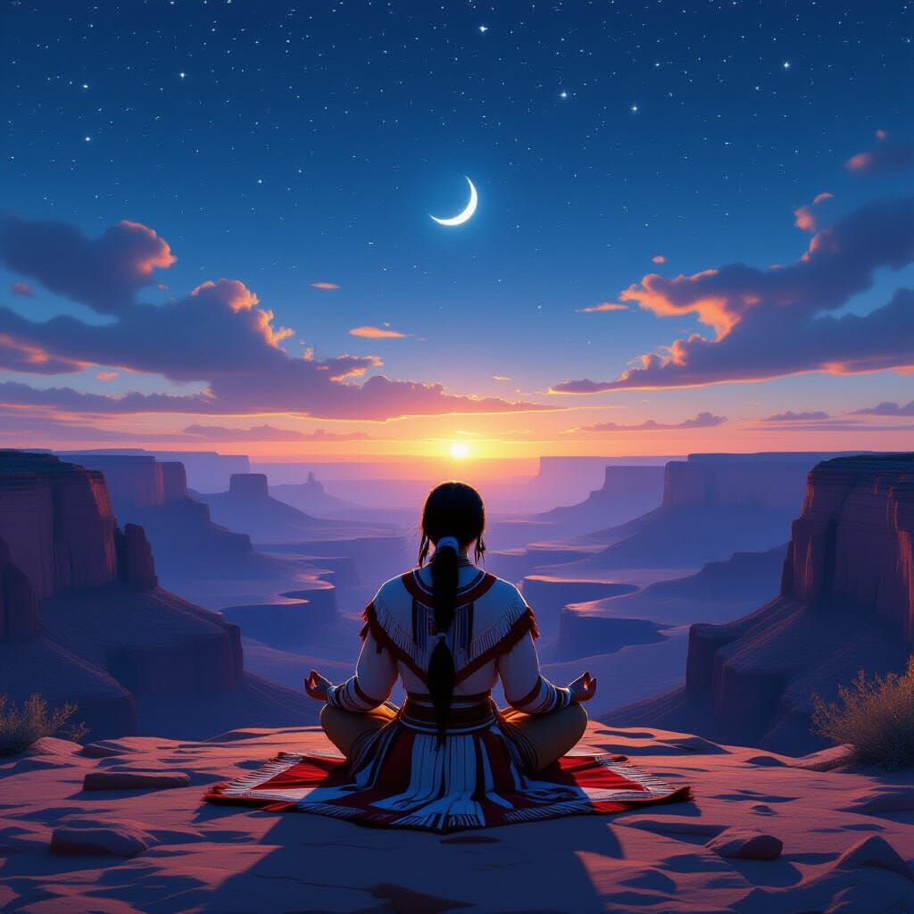 Native American Woman Meditating Under Starry Sky