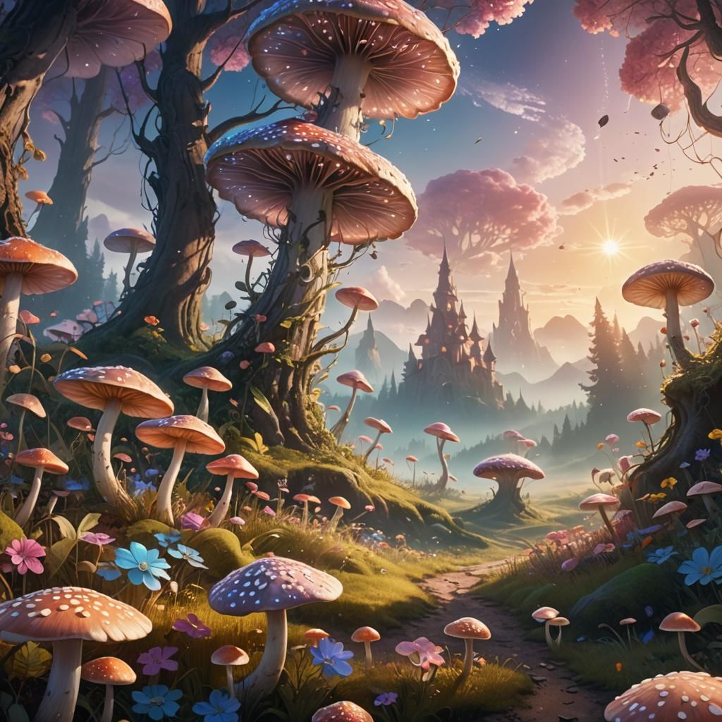 Flower-Covered Plain in Magical Realm: Fantasy Matte Paintin...