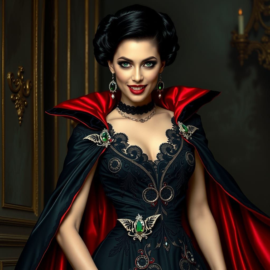 Elegant Vampire Baroness in Opulent Black Tie Attire