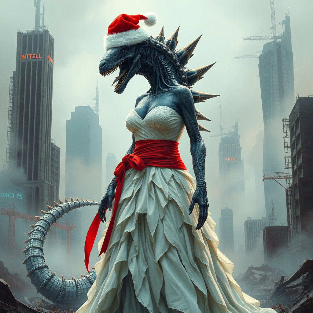 Xenomorph-Godzilla Bride in Ruined Cityscape
