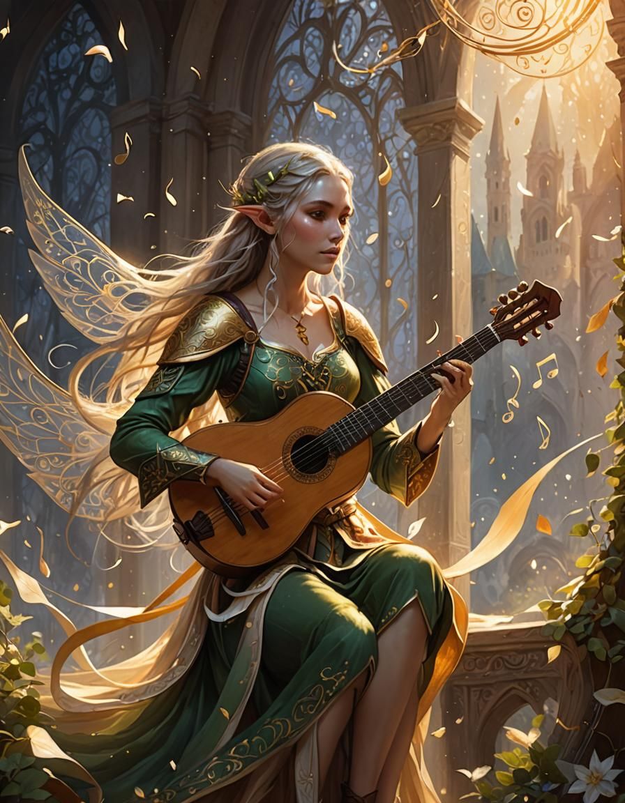 Elvish Lute Player in High Fantasy Style