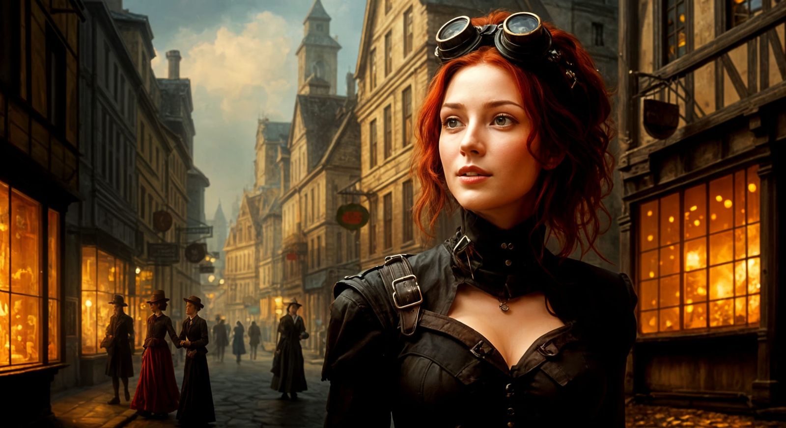 Steampunk Town Square Oil Painting with Red-Haired Woman