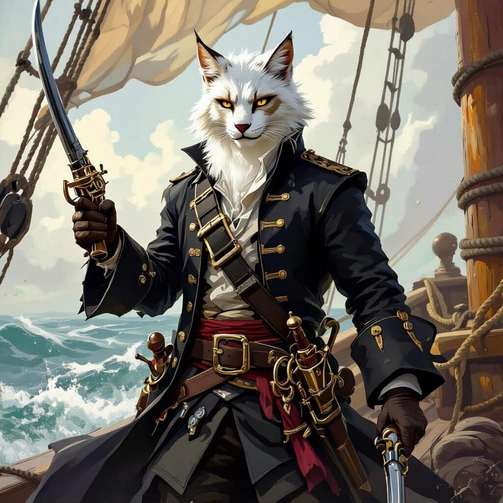 Tabaxi Pirate with Saber and Pistol, Painterly Style