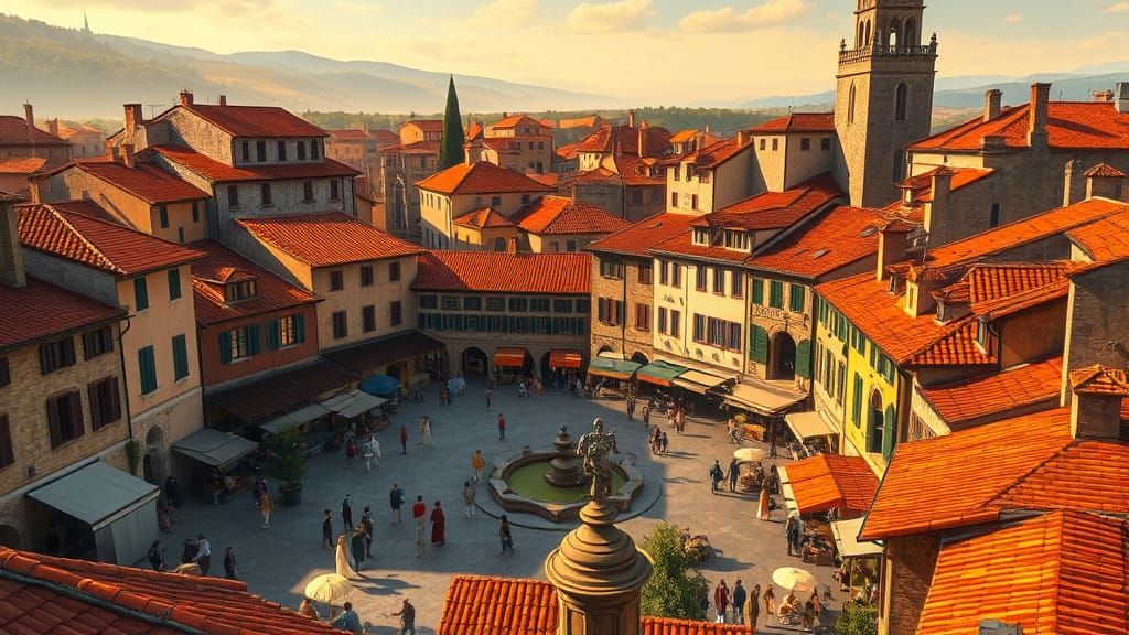 Medieval Italian Town Square in Vibrant Colors