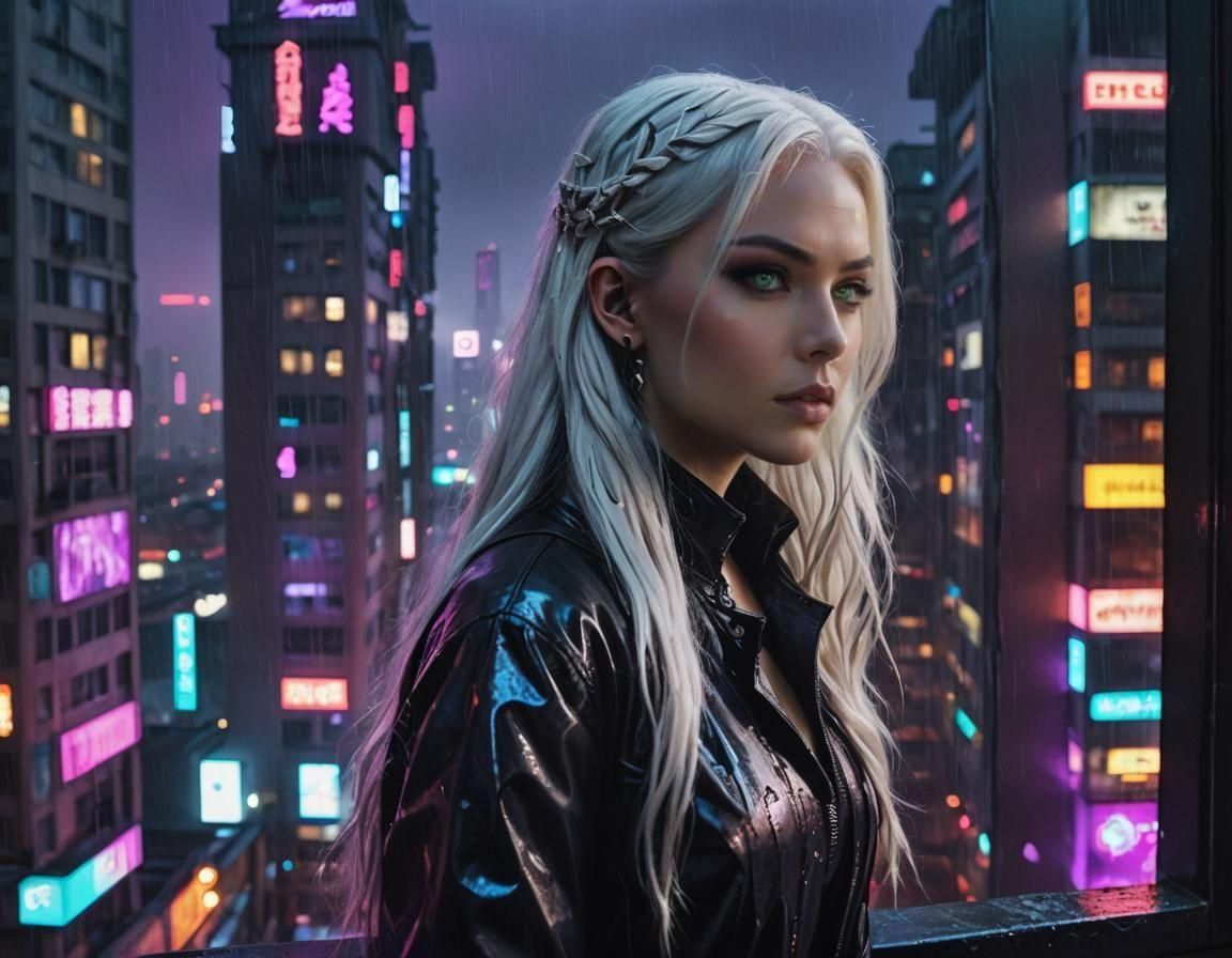 Cyberpunk Woman in Dystopian City Apartment