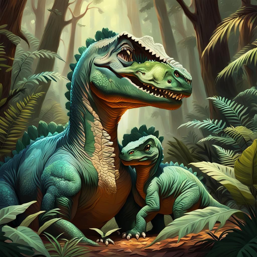 Motherly Love in a Lush Prehistoric Forest