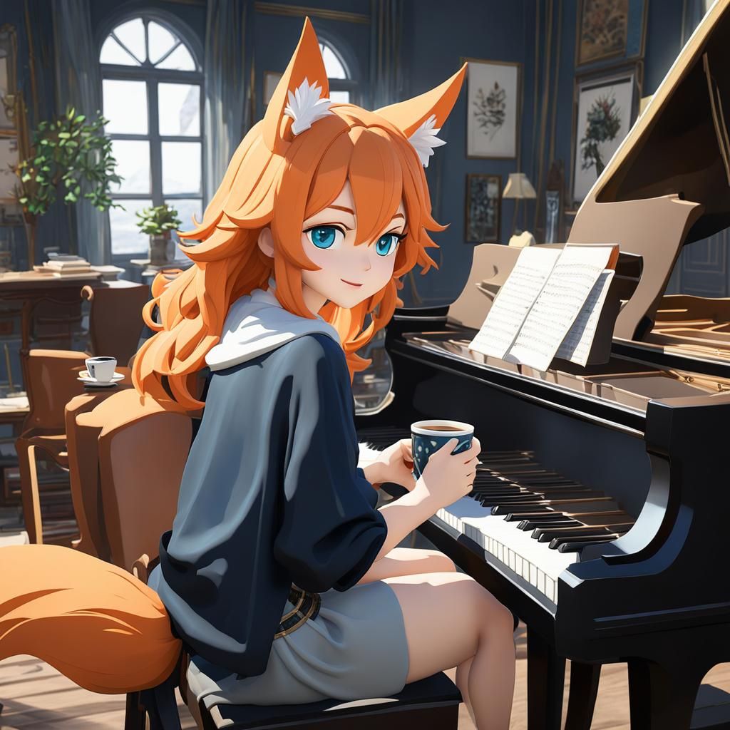 Anime Girl with Fox Ears Sipping Coffee