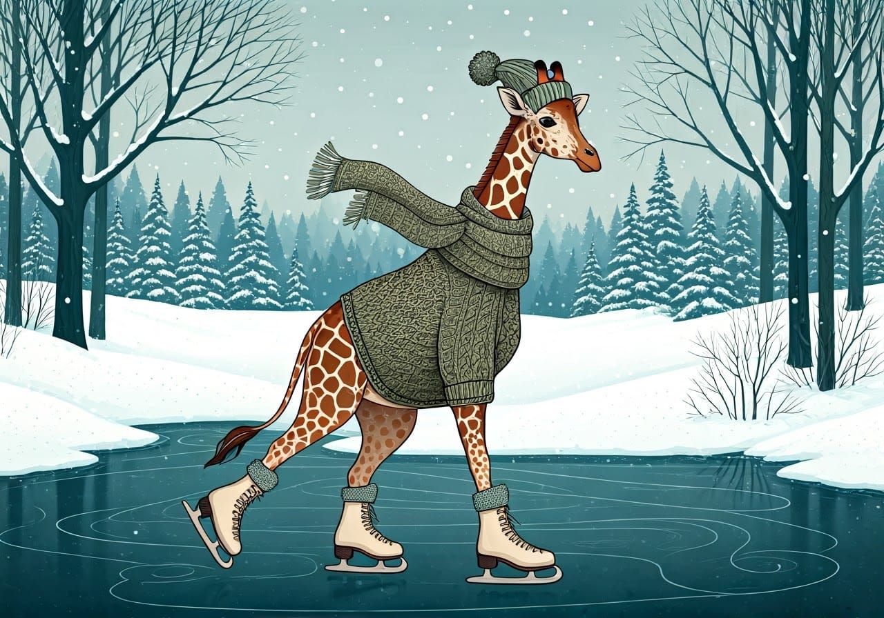 Giraffe Skating on Vintage Pond in Folk Art Style