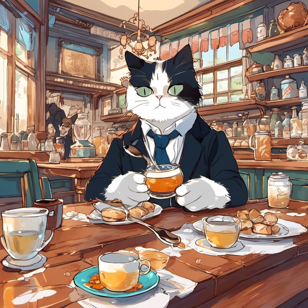 Cat Chilling in Cafe with Tea, Abstract Vector Style