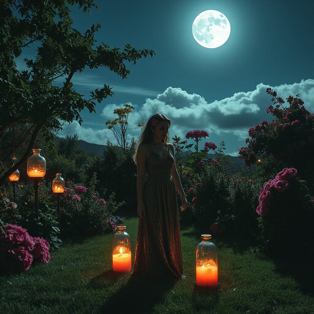 Toxic Femme Fatale in Magical Garden Under Acid Moon