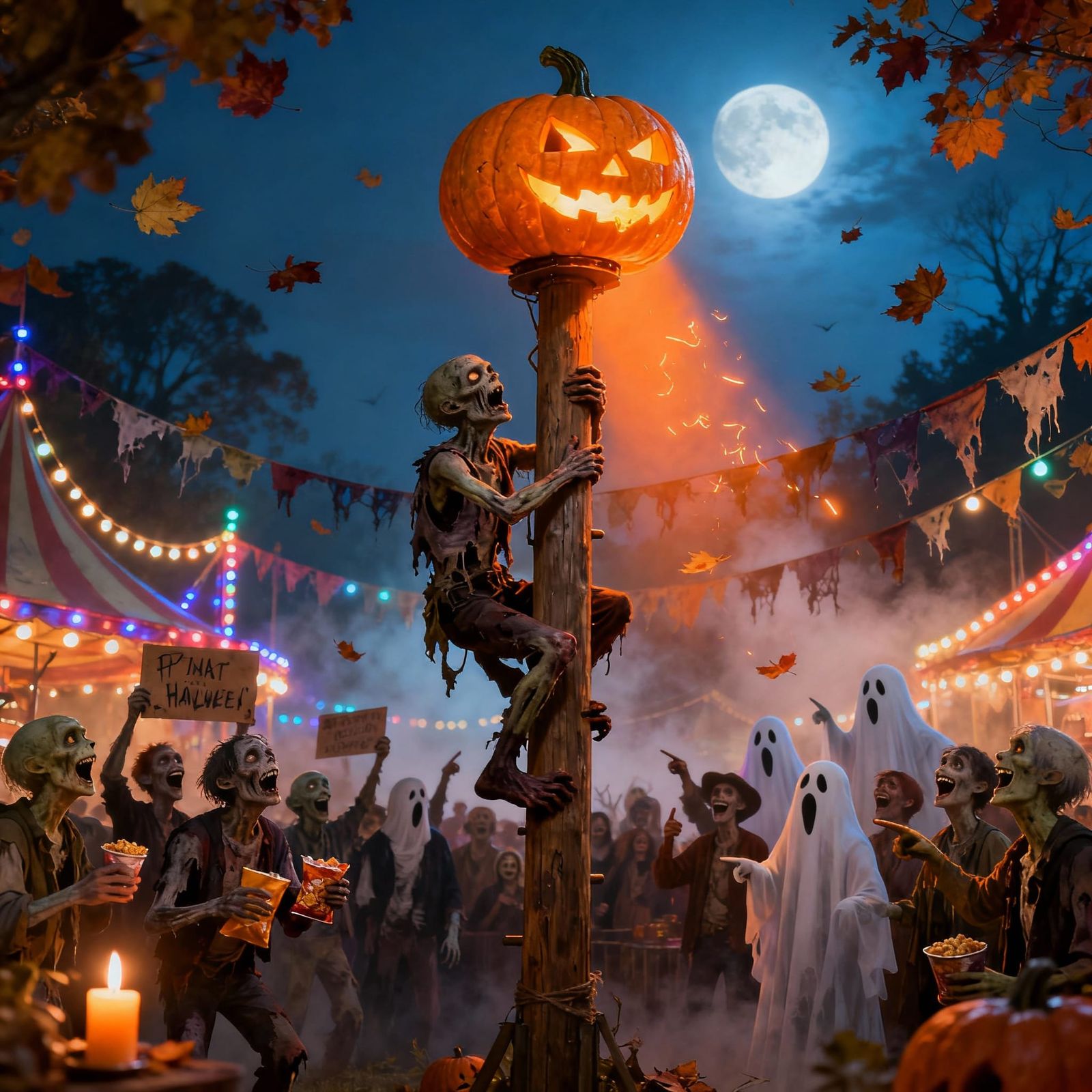 Zombie Climbs Pole for Glowing Jack-o'-Lantern at Halloween ...