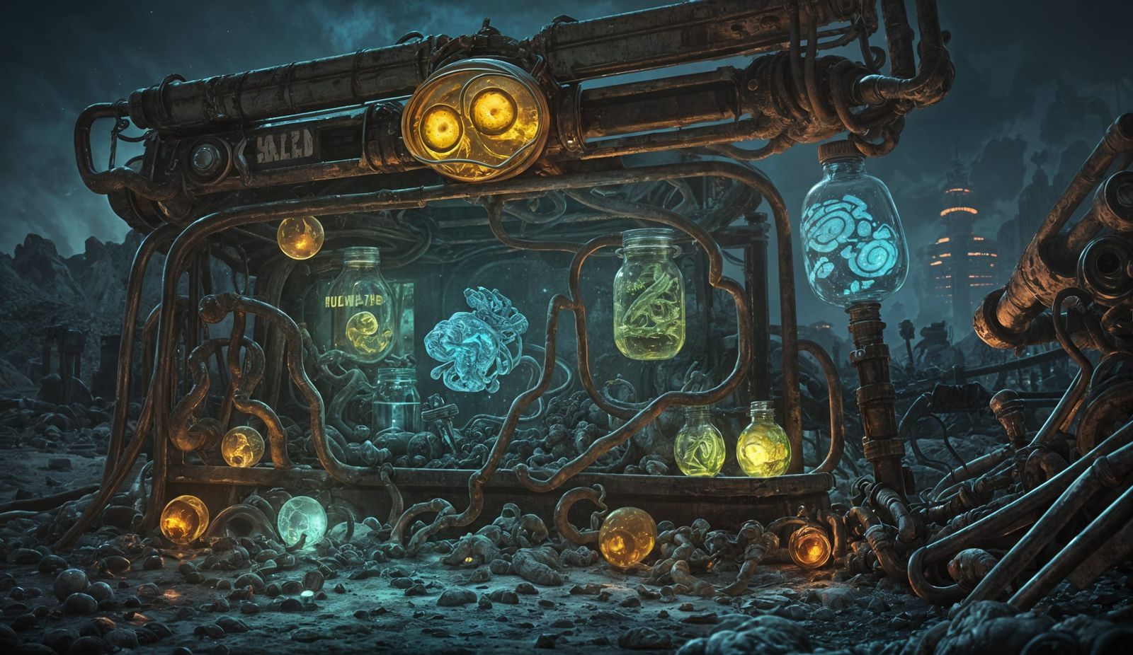 Realistic Brain Specimen in Jar with Bokeh Lights