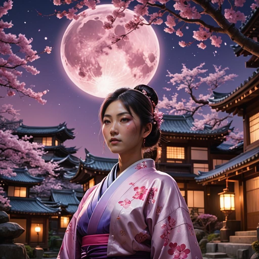 Japanese Woman in Moonlight Cherry Blossom Fantasy Art