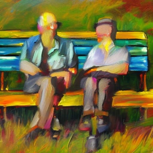 Abstract Oil Painting of Old Friends on Bench