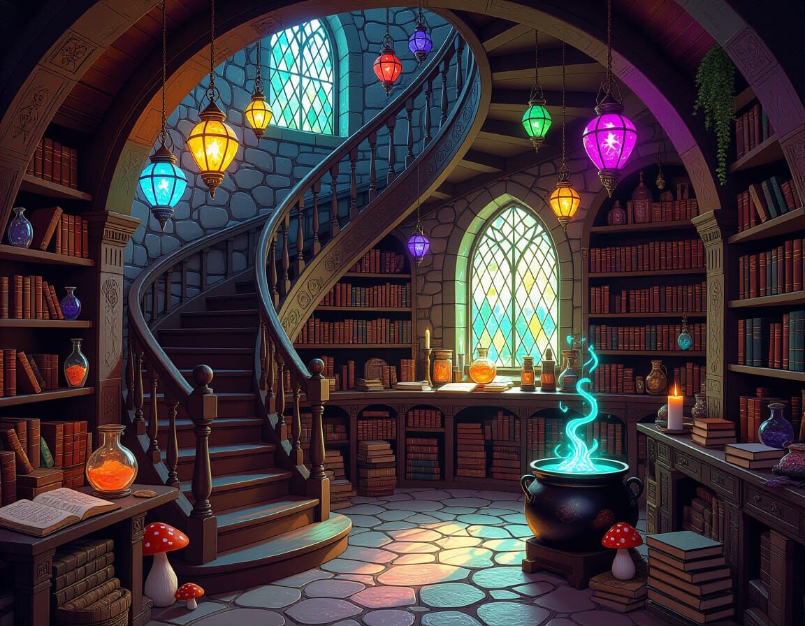 Enchanting Underground Magic Shop with Glowing Potions