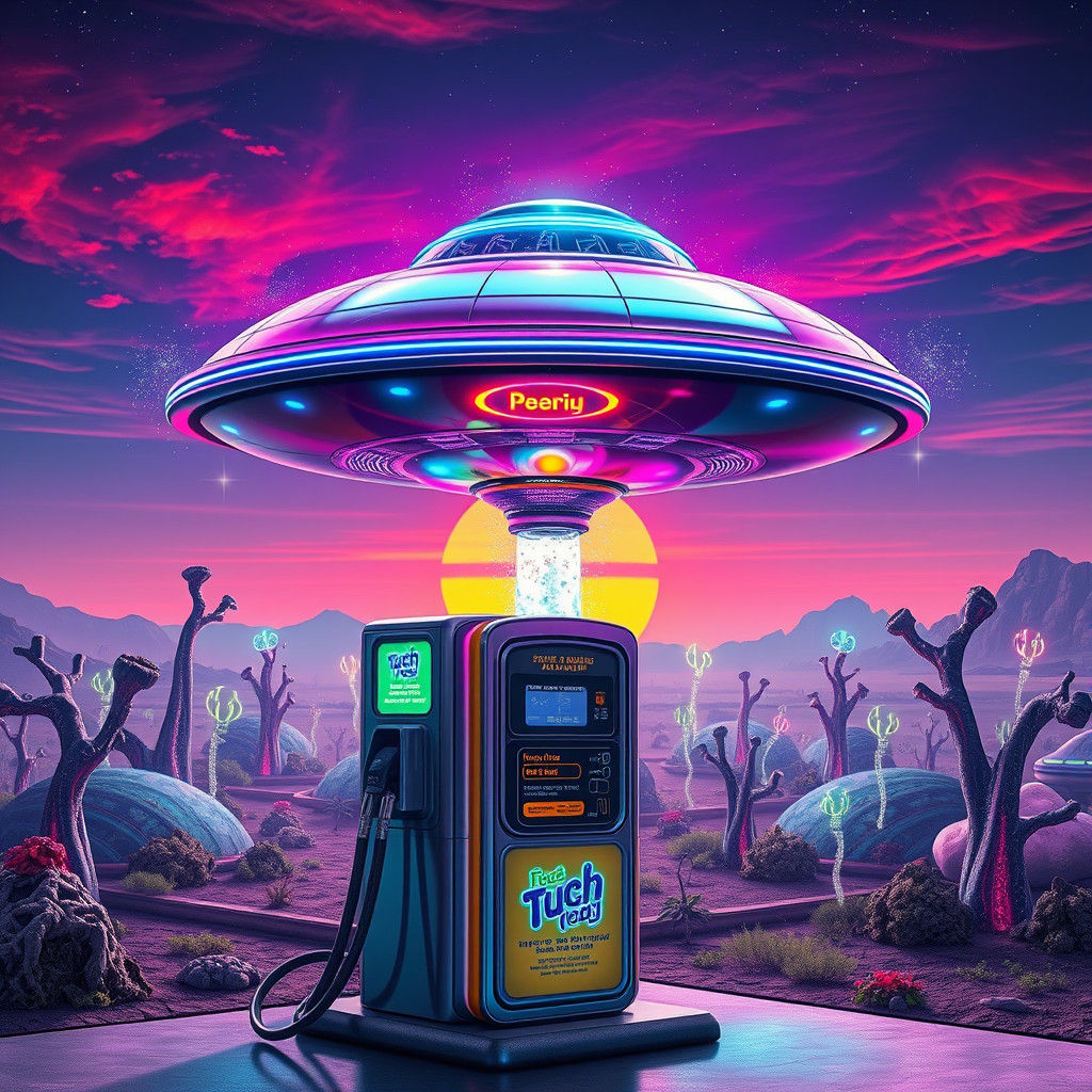 Neon UFO Refuels at Alien Gas Station