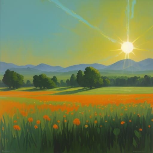 Impressionist Meadow Sunrise Painting with Thick Brush Strok...