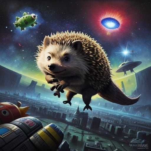 Cosmic Hedgehog Odyssey in Vibrant Surrealist Style