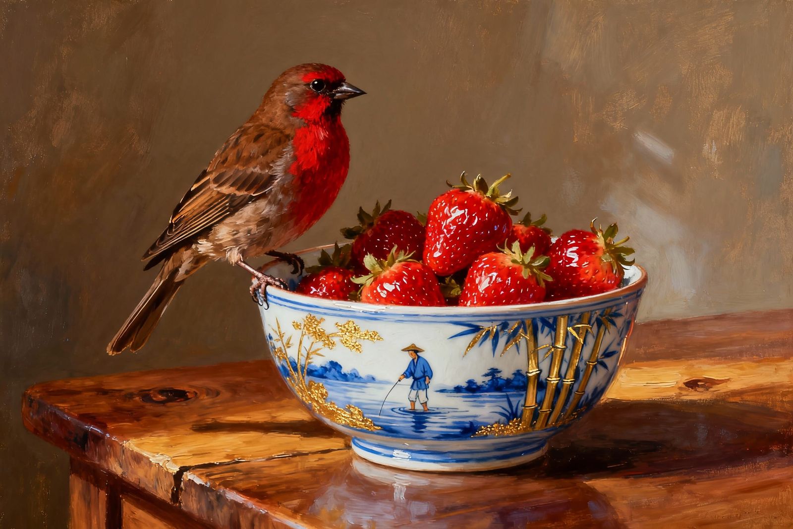 Oil Painting of Bird on Strawberry Bowl, Textured Feathers