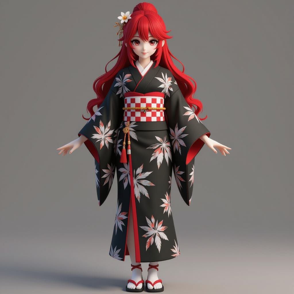 Anime Woman in Kimono with Red Hair