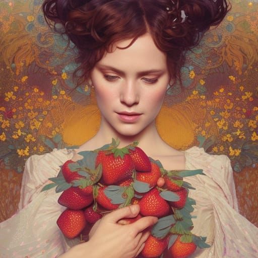 Strawberry Goddess Portrait in Art Nouveau Style