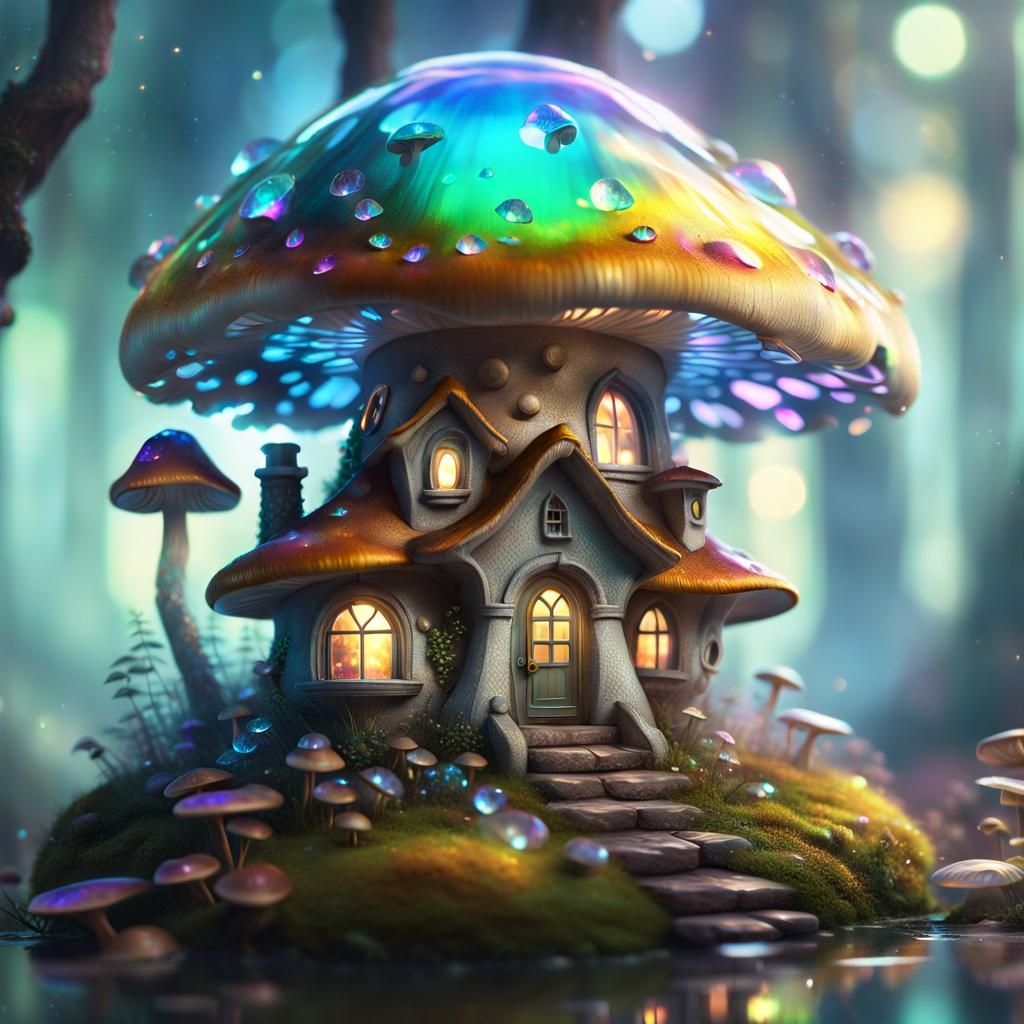 Ethereal Crystal Mushroom House: Fantasy Digital Art