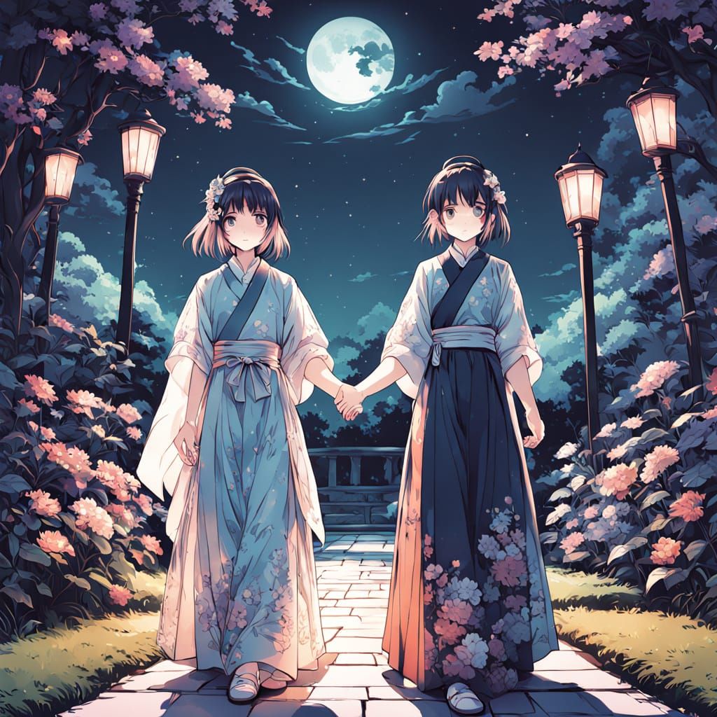Two Women Stroll in a Dreamy, Moonlit Garden in Vibrant Anim...