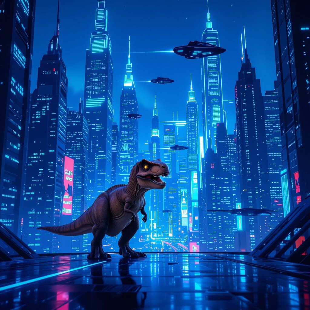 Baby T-Rex in Futuristic Neon Blue City