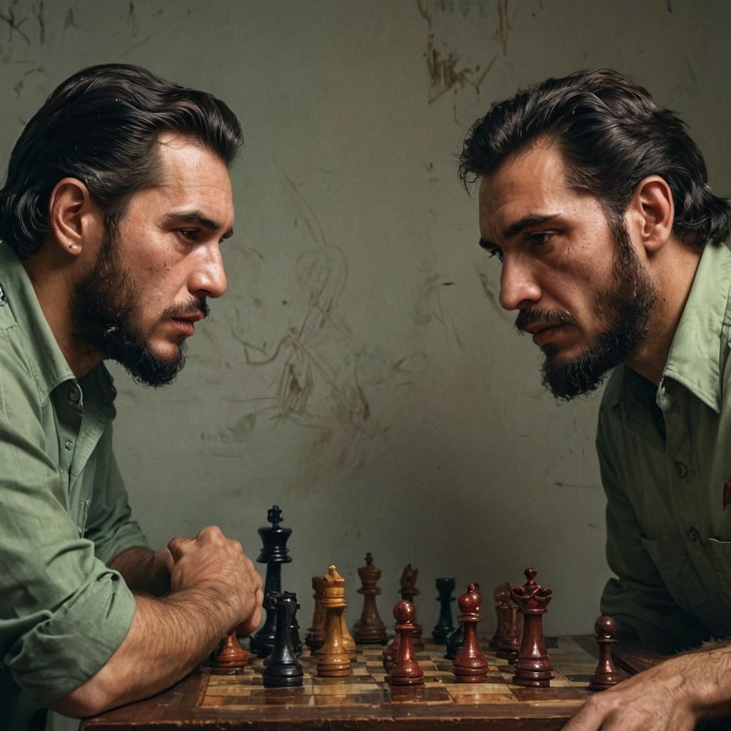 Che Guevara and Fidel Castro playing chess in a vibrant Cuba...