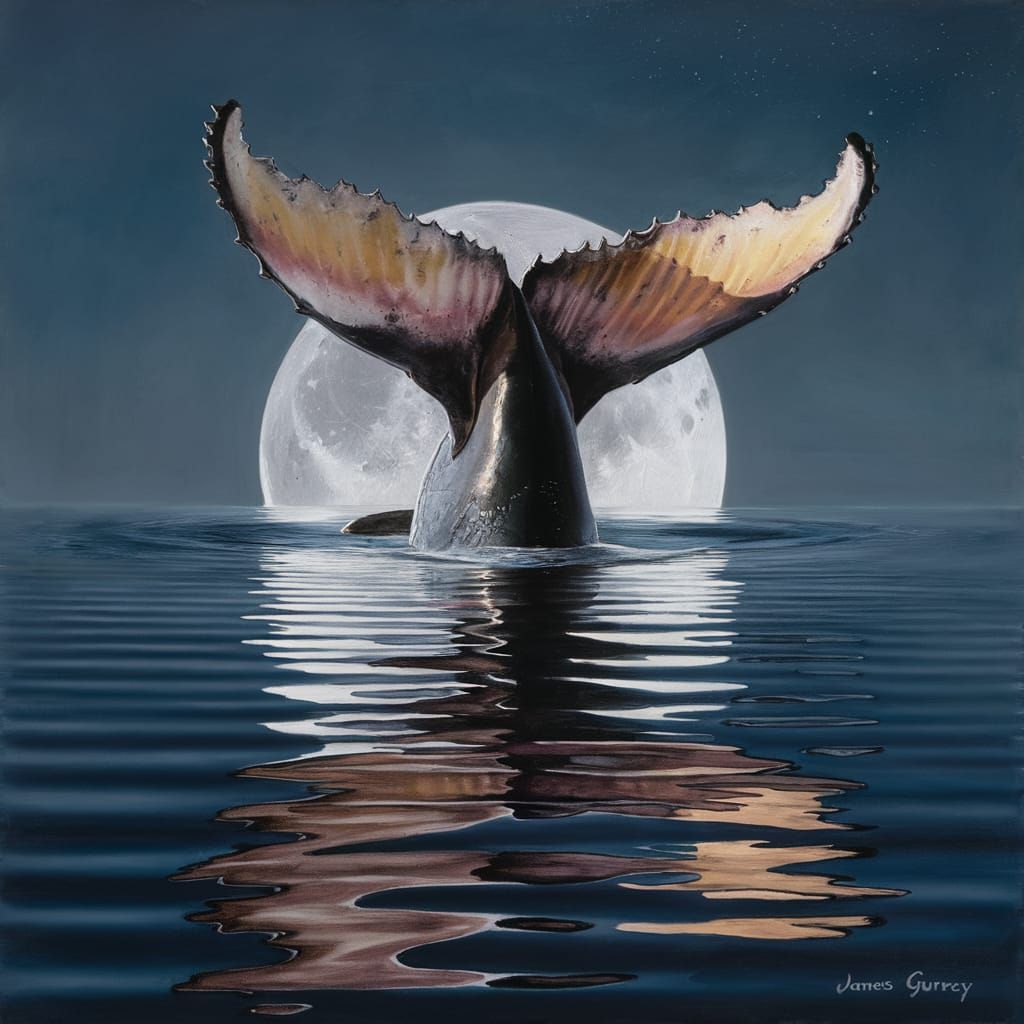 Humpback Whale Tail in Moonlit Water, Oil Painting