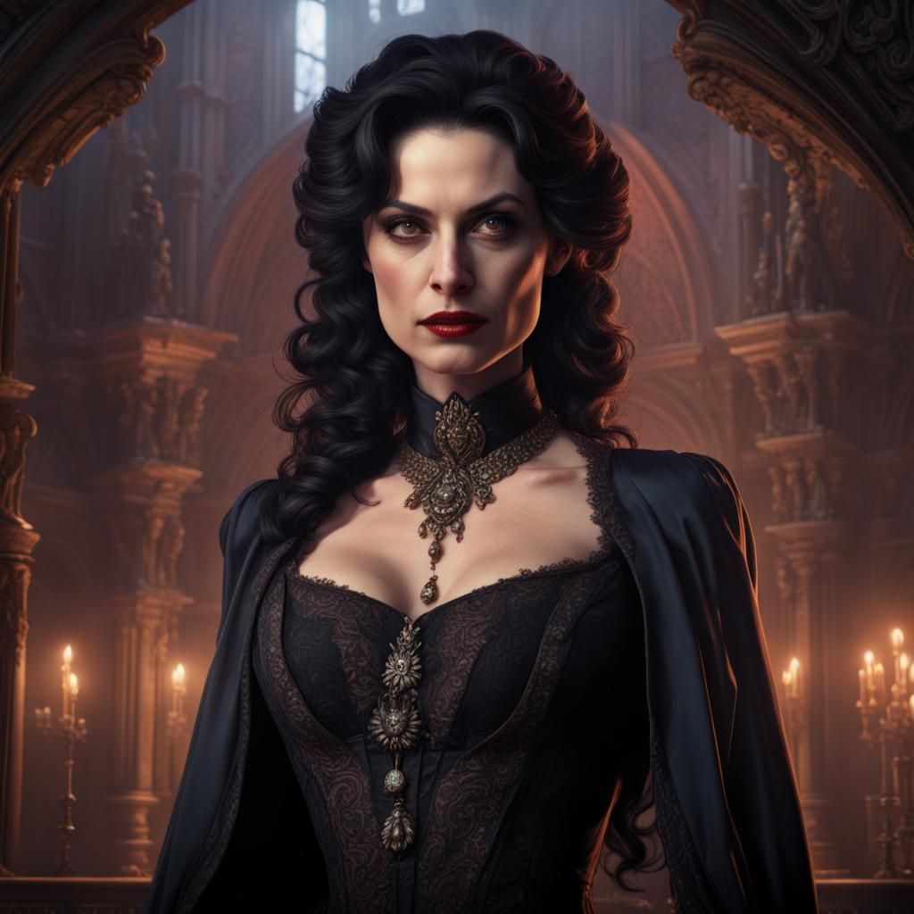 Dark-Haired Vampire Madam in Detailed Matte Painting