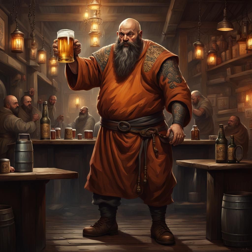Dwarf Monk Brewer Fighting Drunk in Pub, Detailed Painting