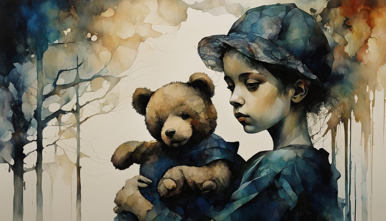 Forlorn Boy in Double Exposure Portrait with Dystopian Lands...