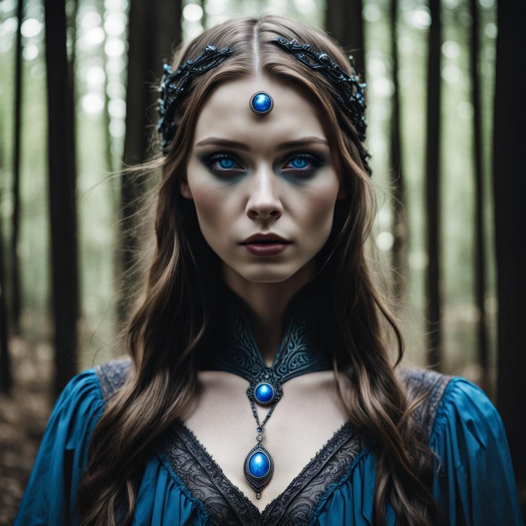 Blue-Eyed Sorceress in Deep Woods, Photographic Style